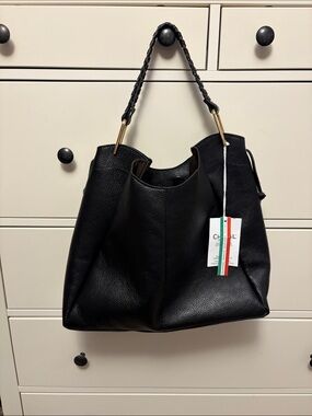 Black Leather Shoulder Tote with Braided Handle CHIVAL FIRENZE GENUINE LEATHER
